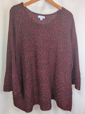 Boho Indigo Three-Quarter Sleeve Crochet Sweater in Black & Red Size 2X